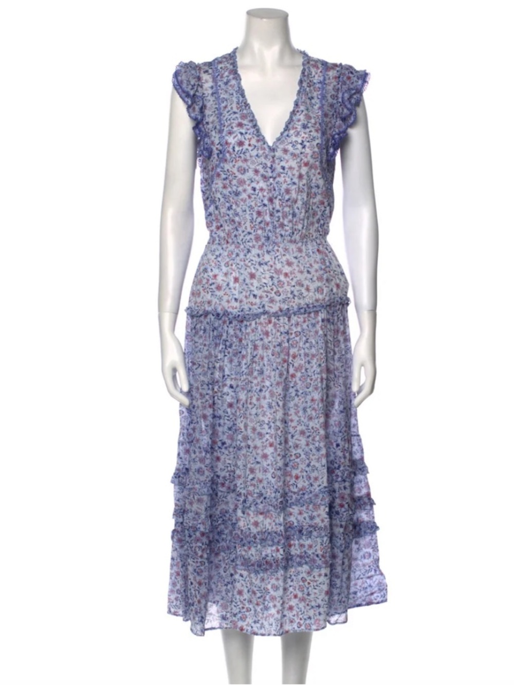 Poupette St Barth Light Blue Floral Tiered V-Neck Midi Dress Medium
